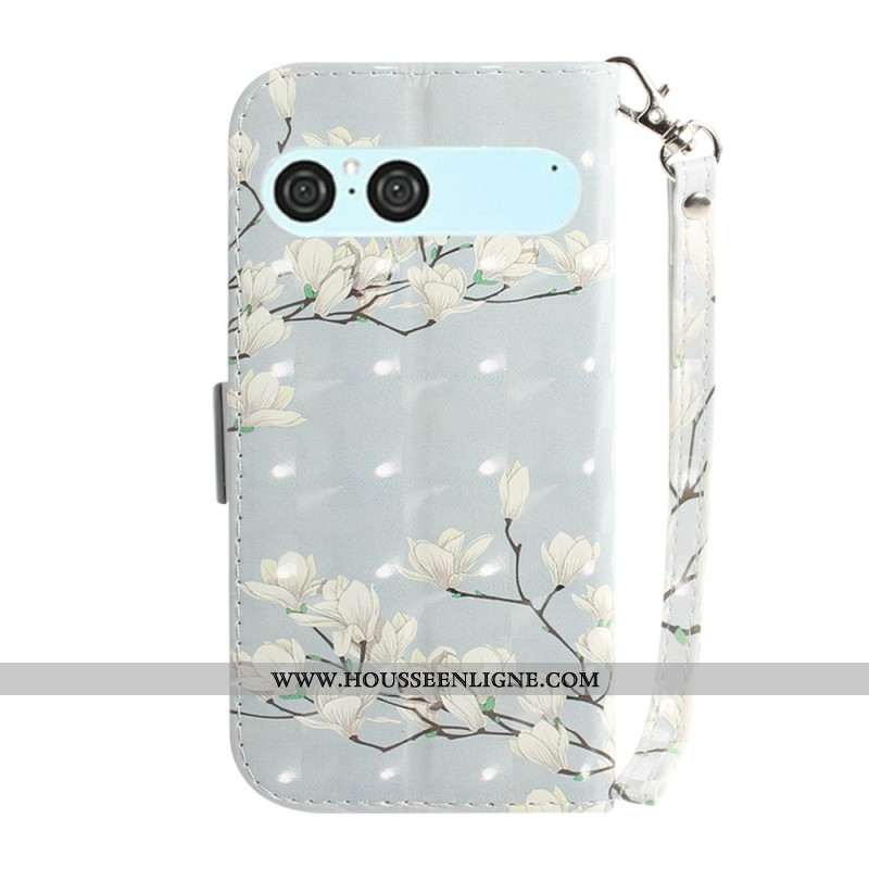 Housse Sony Xperia 10 VII Magnolias Blancs à Lanière