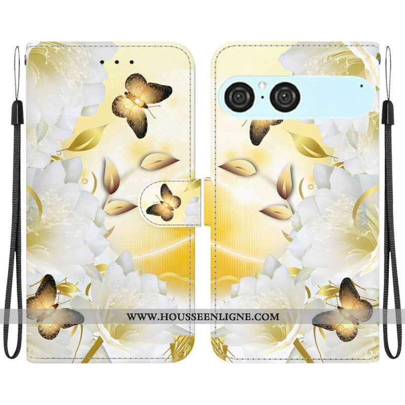 Housse Sony Xperia 10 VII Papillons Dorés et Fleurs Blanches