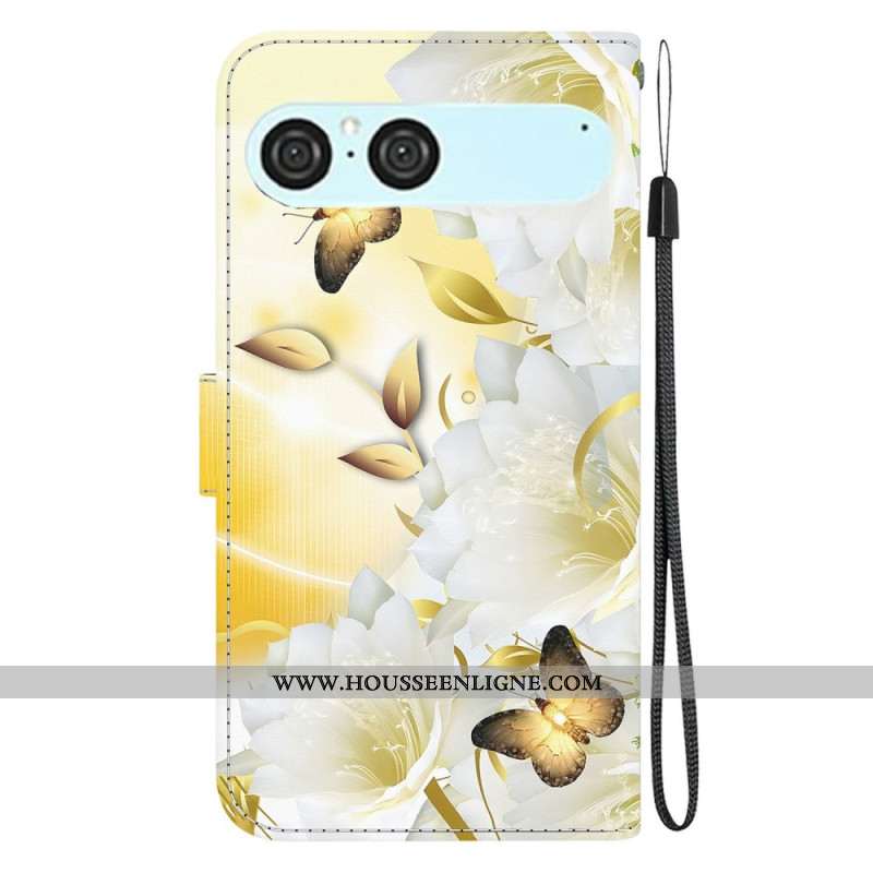 Housse Sony Xperia 10 VII Papillons Dorés et Fleurs Blanches