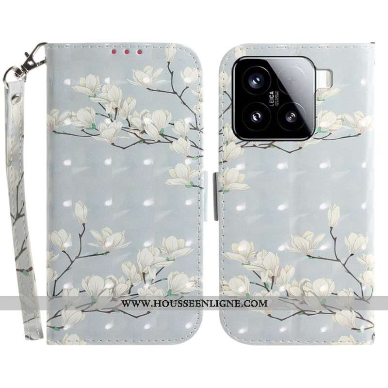 Housse Xiaomi 15 Motif Magnolias à Lanière