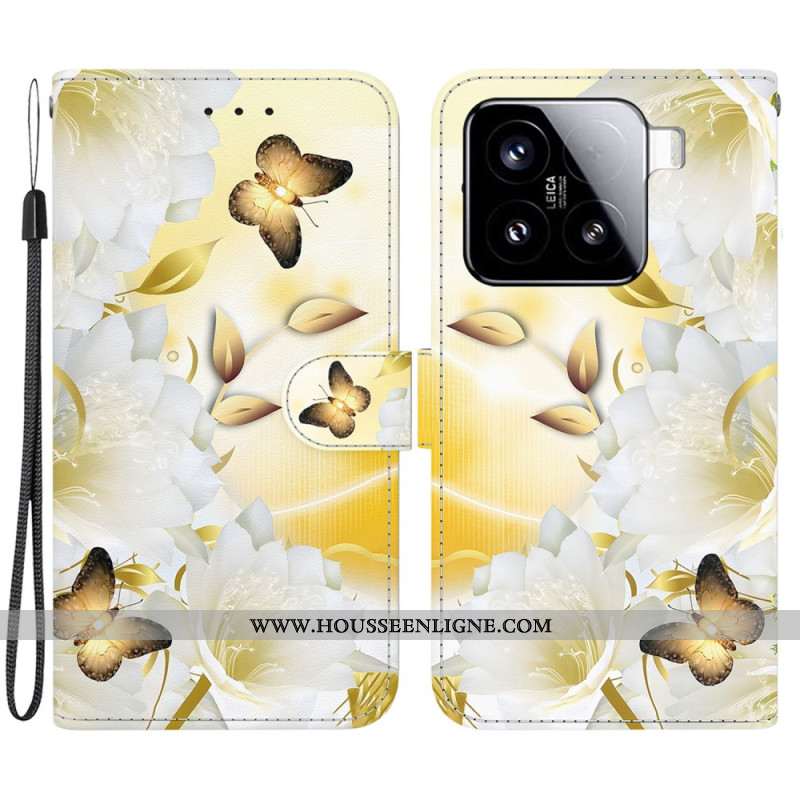 Housse Xiaomi 15 Papillons Dorés et Fleurs Blanches