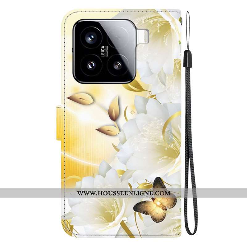 Housse Xiaomi 15 Papillons Dorés et Fleurs Blanches