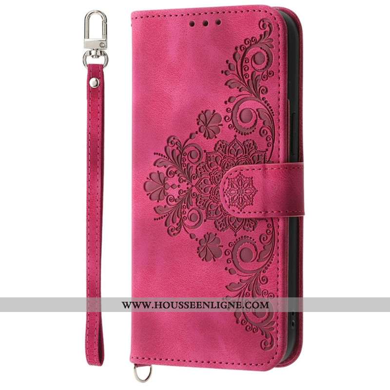 Housse Xiaomi 15 Pro Effet Daim Motif Floral à Lanière et Bandoulière