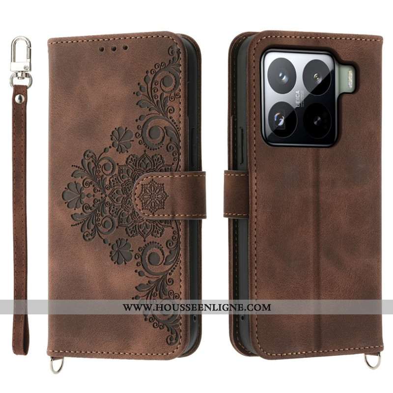 Housse Xiaomi 15 Pro Effet Daim Motif Floral à Lanière et Bandoulière