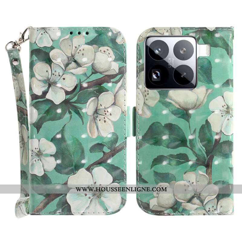 Housse Xiaomi 15 Pro Fleurs Blanches à Lanière