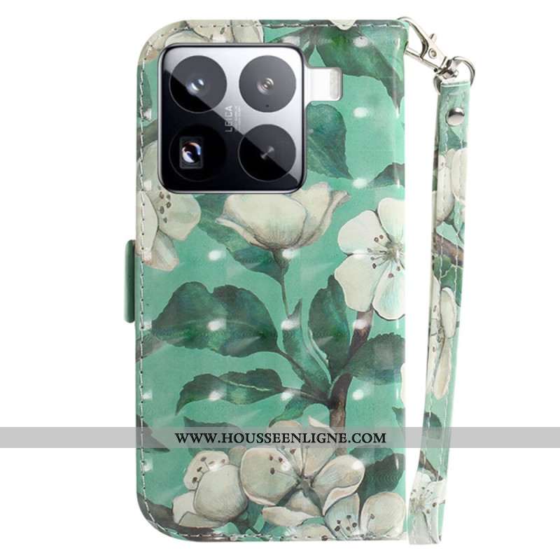 Housse Xiaomi 15 Pro Fleurs Blanches à Lanière