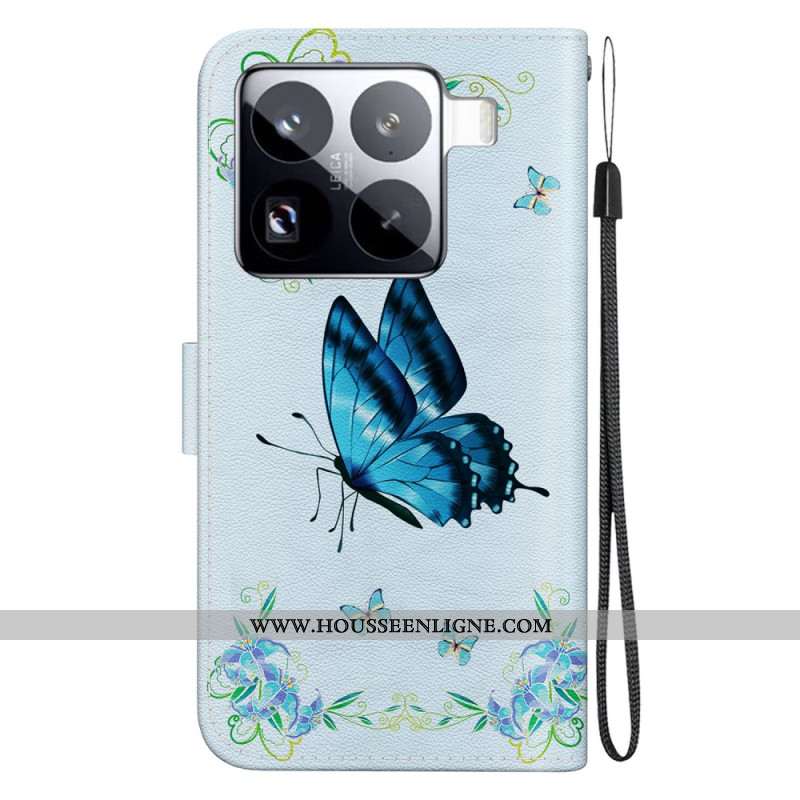 Housse Xiaomi 15 Pro Papillon et Fleurs Bleues