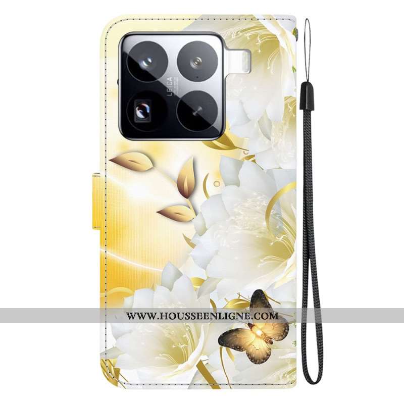 Housse Xiaomi 15 Pro Papillons Dorés et Fleurs Blanches