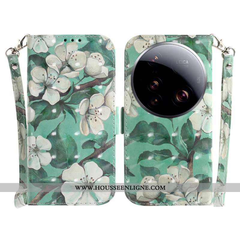 Housse Xiaomi 15 Ultra Fleurs Blanches à Lanière