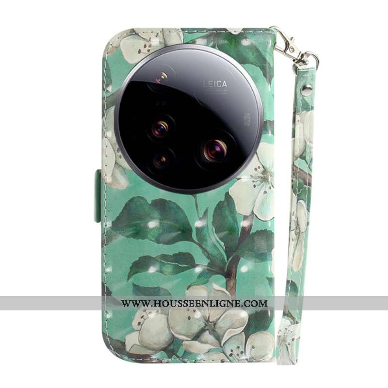 Housse Xiaomi 15 Ultra Fleurs Blanches à Lanière