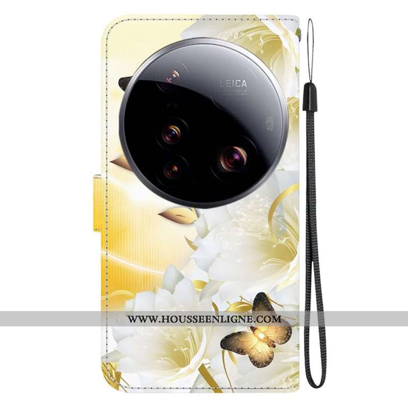Housse Xiaomi 15 Ultra Papillons Dorés et Fleurs Blanches