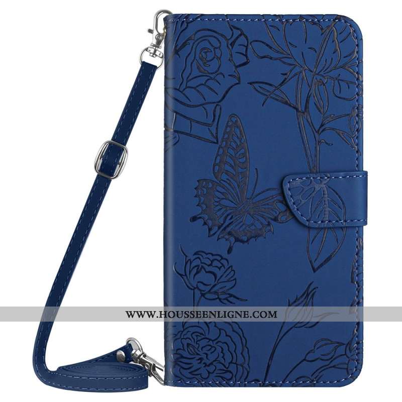 Housse Xiaomi Redmi Note 14 4G Empreinte Papillons à Bandoulière