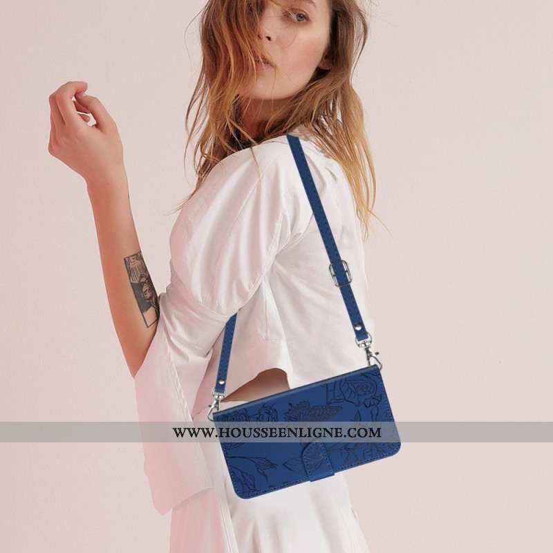 Housse Xiaomi Redmi Note 14 4G Empreinte Papillons à Bandoulière