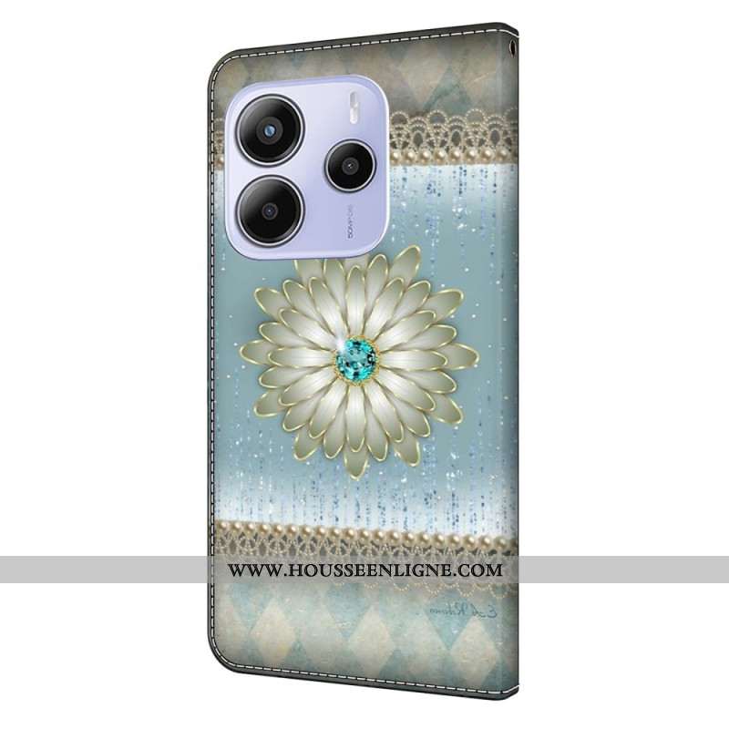 Housse Xiaomi Redmi Note 14 4G Fleur et Diamant Bleu