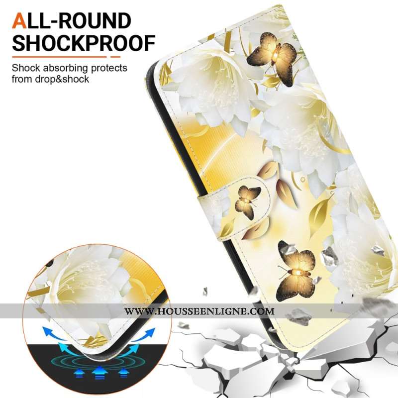 Housse Xiaomi Redmi Note 14 4G Papillons Dorés et Fleurs
