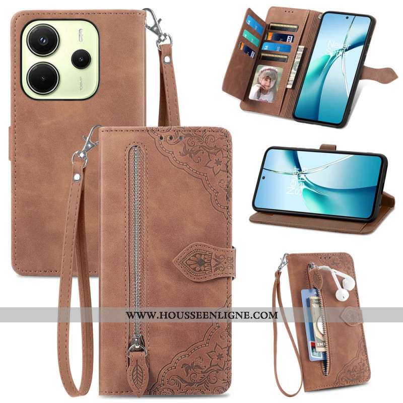 Housse Xiaomi Redmi Note 14 4G Portefeuille Dentelle avec Fermeture Éclair