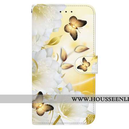 Housse Xiaomi Redmi Note 14 5G Papillon Dorés et Fleurs Blanches