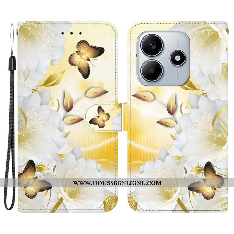 Housse Xiaomi Redmi Note 14 5G Papillon Dorés et Fleurs Blanches