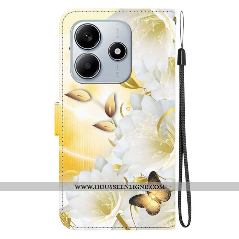 Housse Xiaomi Redmi Note 14 5G Papillon Dorés et Fleurs Blanches