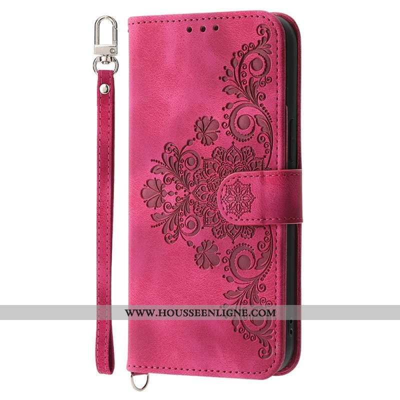 Housse Xiaomi Redmi Note 14 5G Portefeuille Motif Dentelle avec Lanière et Bandoulière