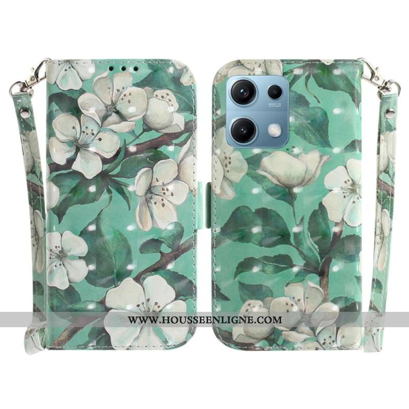 Housse Xiaomi Redmi Note 14S Fleurs Blanches à Lanière