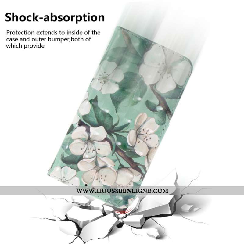 Housse Xiaomi Redmi Note 14S Fleurs Blanches à Lanière