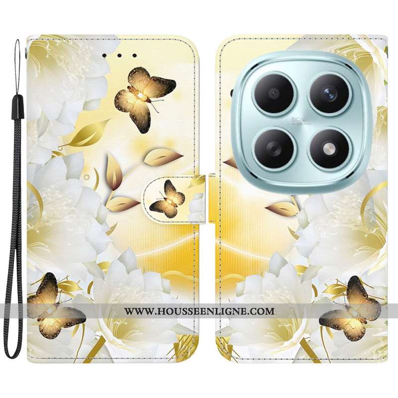 Housse Xiaomi Redmi Note 15 5G / Poco M8 5G Papillons Dorés et Fleurs Blanches