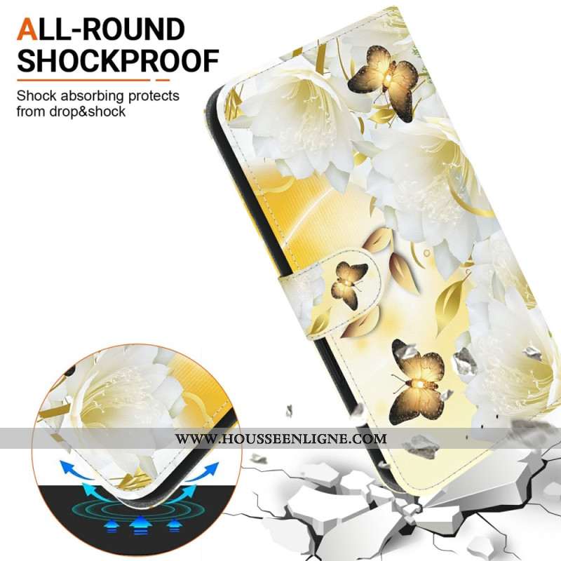 Housse Xiaomi Redmi Note 15 5G / Poco M8 5G Papillons Dorés et Fleurs Blanches
