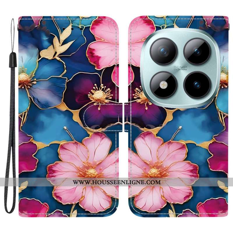 Housse Xiaomi Redmi Note 15 Pro 5G Fleurs Bleu et Or