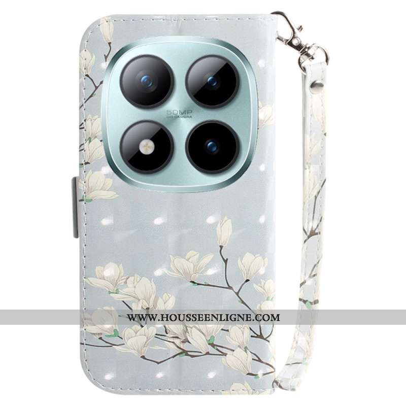 Housse Xiaomi Redmi Note 15 Pro 5G Magnolias Blancs à Lanière