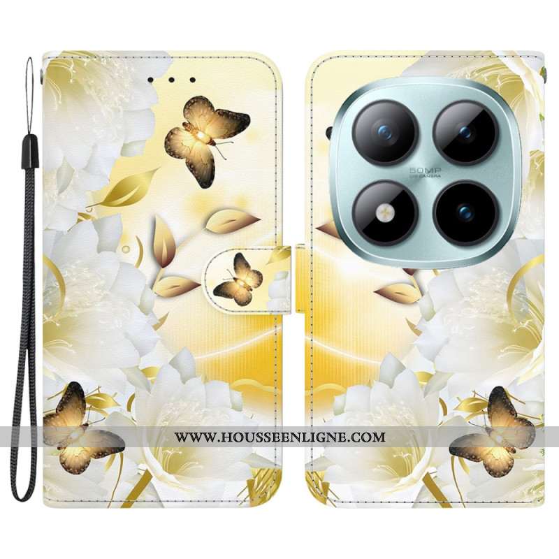 Housse Xiaomi Redmi Note 15 Pro 5G Papillons Dorés et Fleurs Blanches