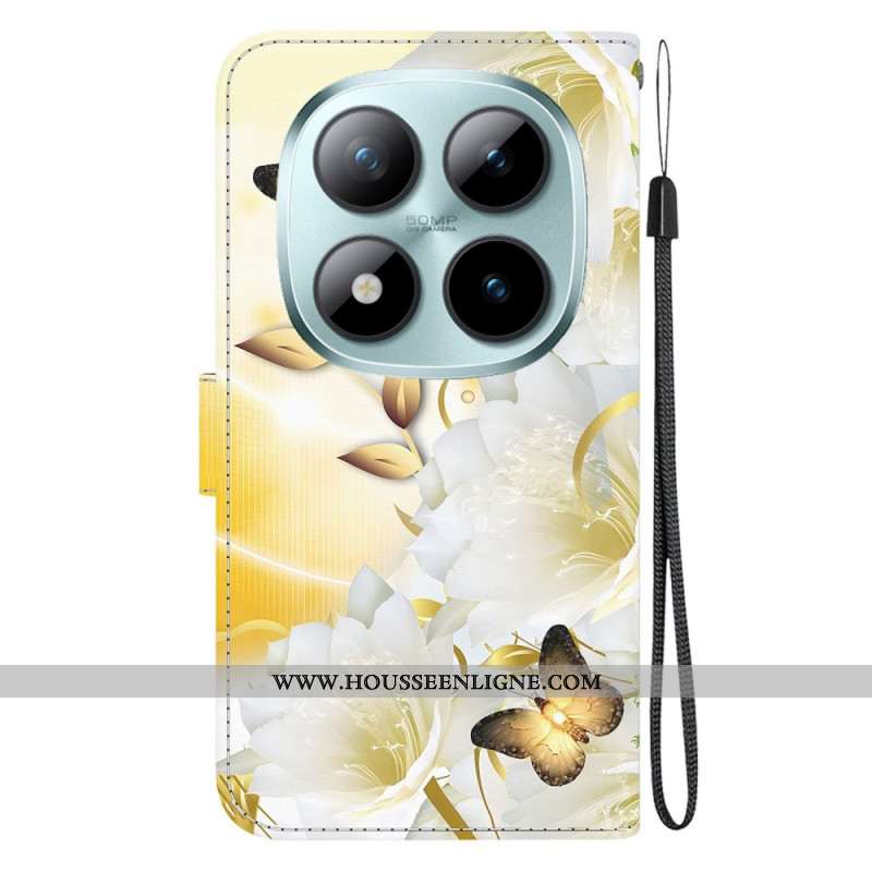 Housse Xiaomi Redmi Note 15 Pro 5G Papillons Dorés et Fleurs Blanches
