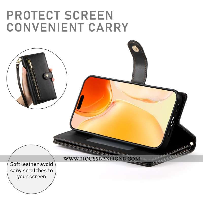 Housse iPhone 17 Portefeuille avec Pochette Zippée et Sangles