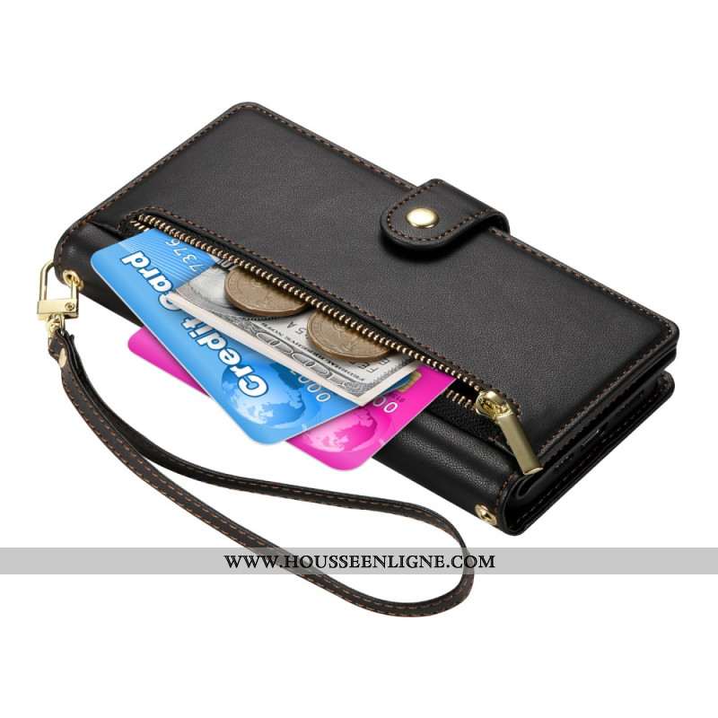Housse iPhone 17 Portefeuille avec Pochette Zippée et Sangles