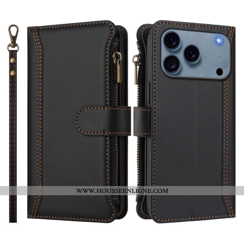 Housse iPhone 17 Pro Portefeuille 9 Porte-Cartes et Lanière