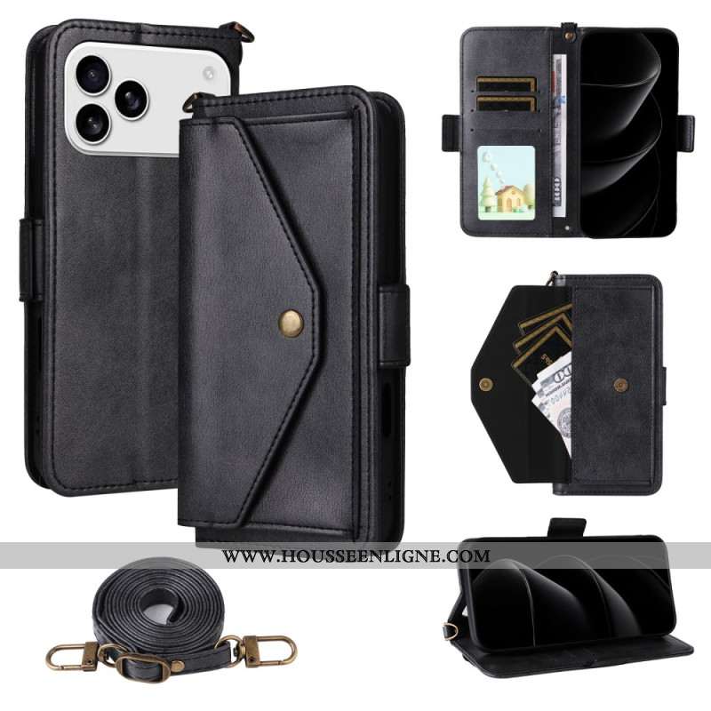 Housse iPhone 17 Pro Portefeuille Rétro avec Bandoulière