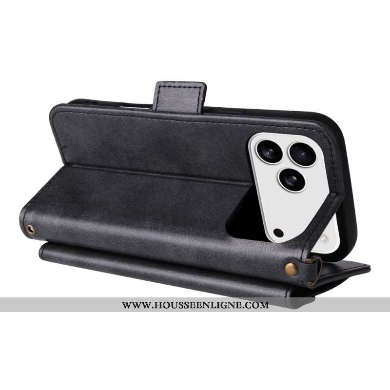 Housse iPhone 17 Pro Portefeuille Rétro avec Bandoulière