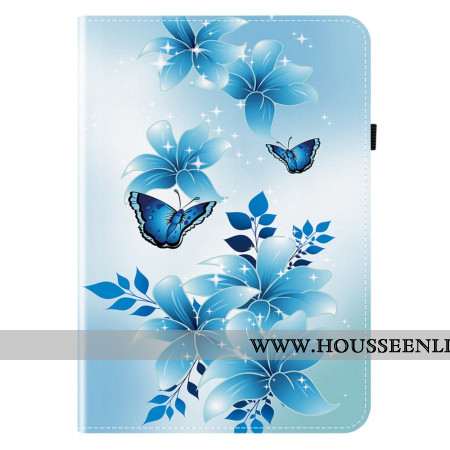 Étui Samsung Galaxy Tab S11 Papillons et Fleurs Bleus