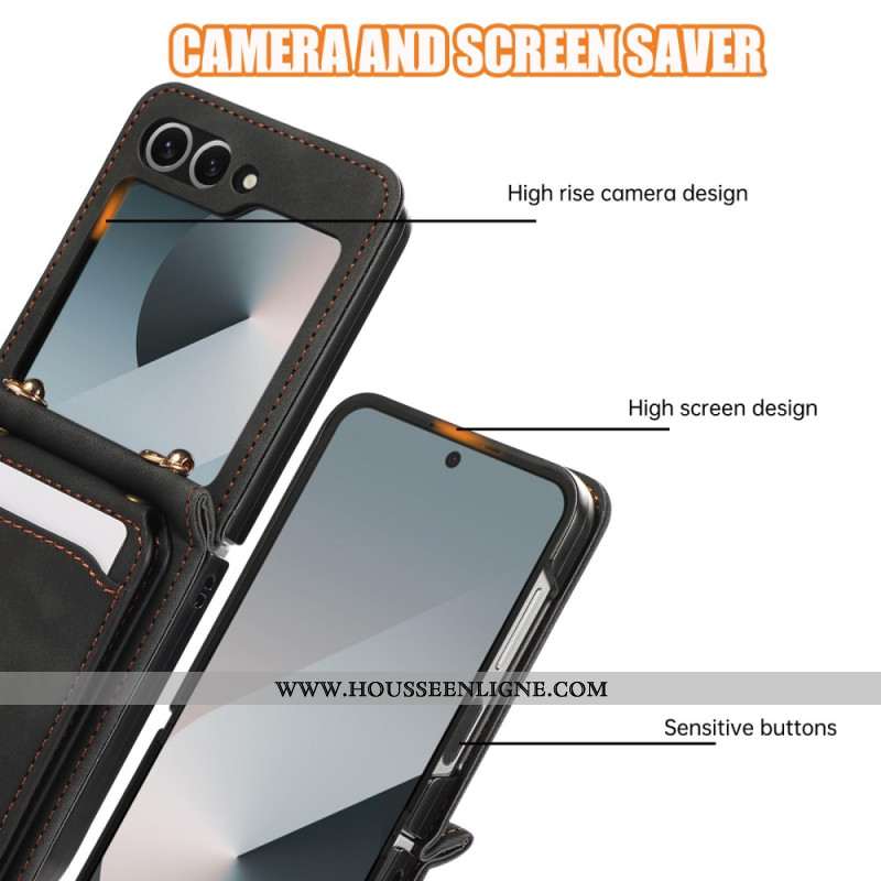 Étui Samsung Galaxy Z Flip 7 Effet Cuir Porte-Cartes et Bandoulière