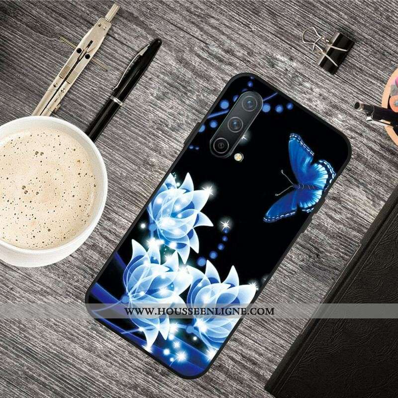 Coque OnePlus Nord CE 5G Papillon et Fleurs Bleus