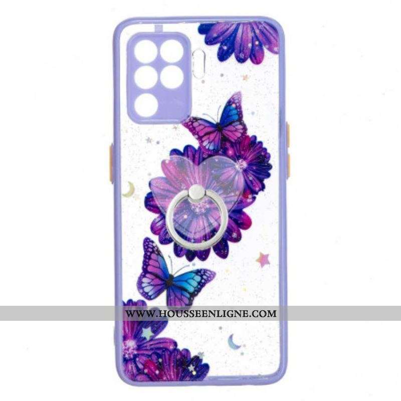 Coque Oppo A94 5G Papillon Fleur Violet avec Anneau