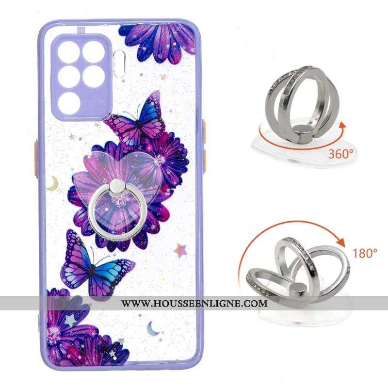 Coque Oppo A94 5G Papillon Fleur Violet avec Anneau