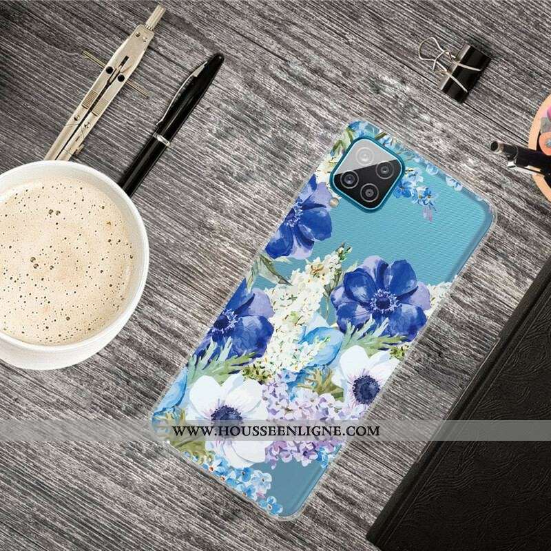 Coque Samsung Galaxy A12 / M12 Transparente Fleurs Bleues Aquarelle