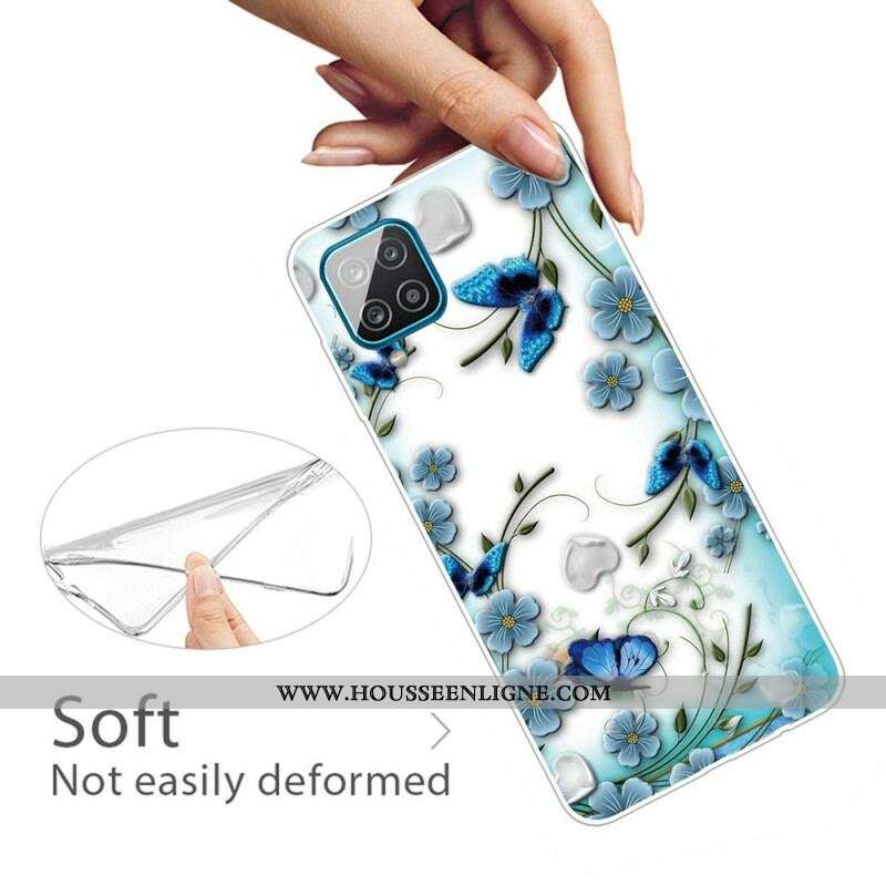 Coque Samsung Galaxy A12 / M12 Transparente Papillons et Fleurs Rétros