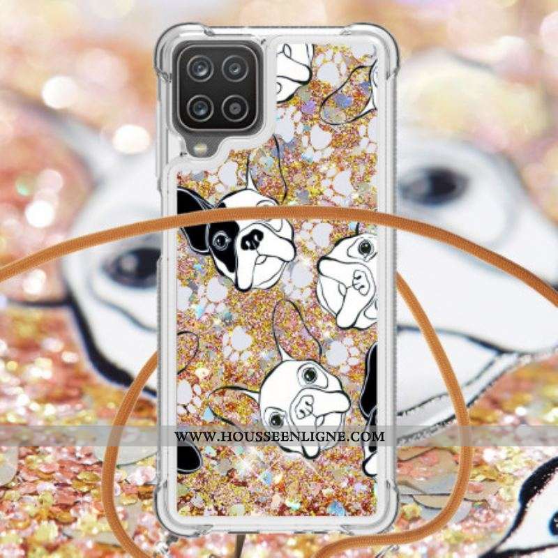 Coque Samsung Galaxy A12 / M12 à Cordon Paillettes Chiens