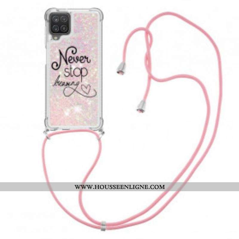 Coque Samsung Galaxy A12 / M12 à Cordon Paillettes Never Stop