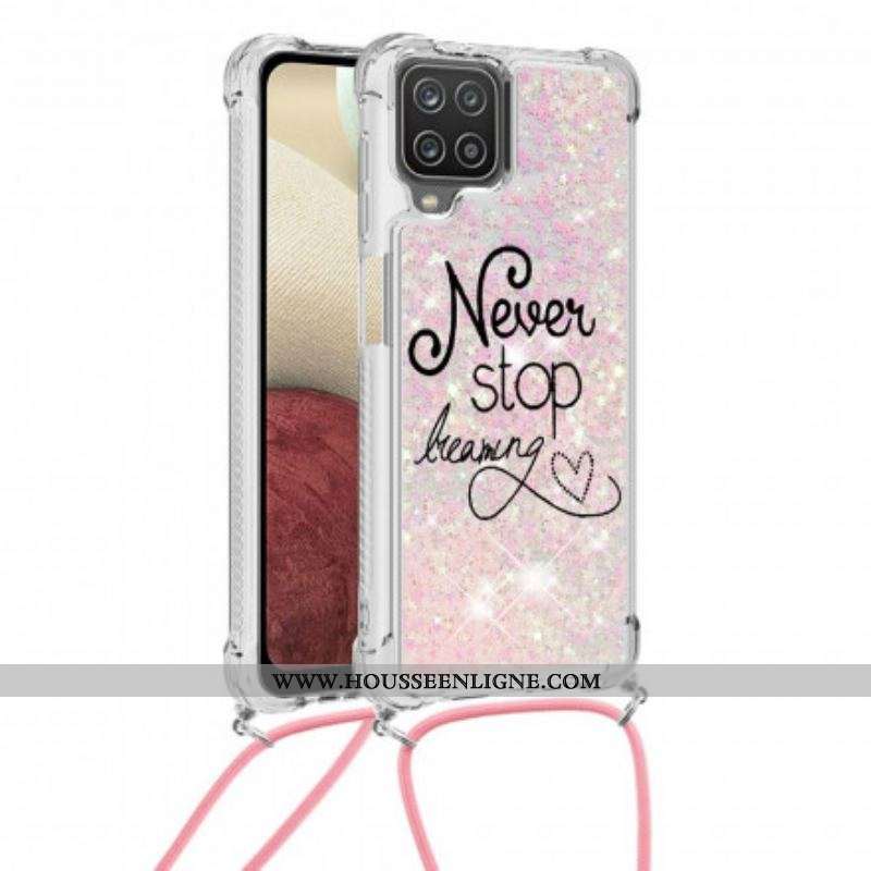 Coque Samsung Galaxy A12 / M12 à Cordon Paillettes Never Stop