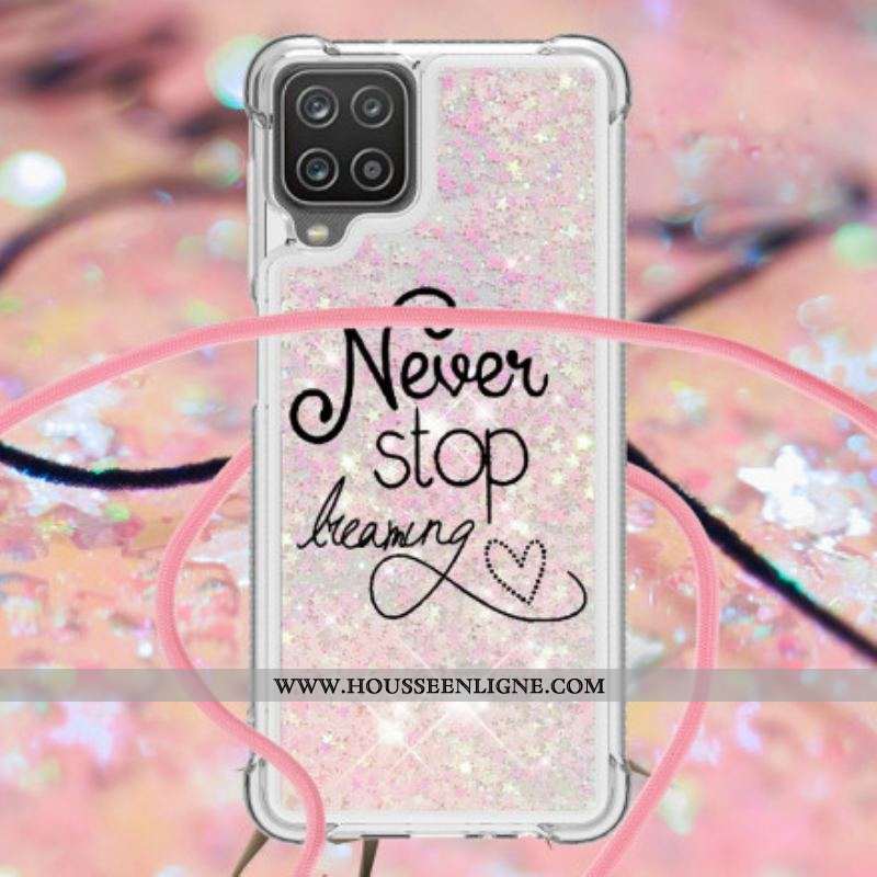 Coque Samsung Galaxy A12 / M12 à Cordon Paillettes Never Stop
