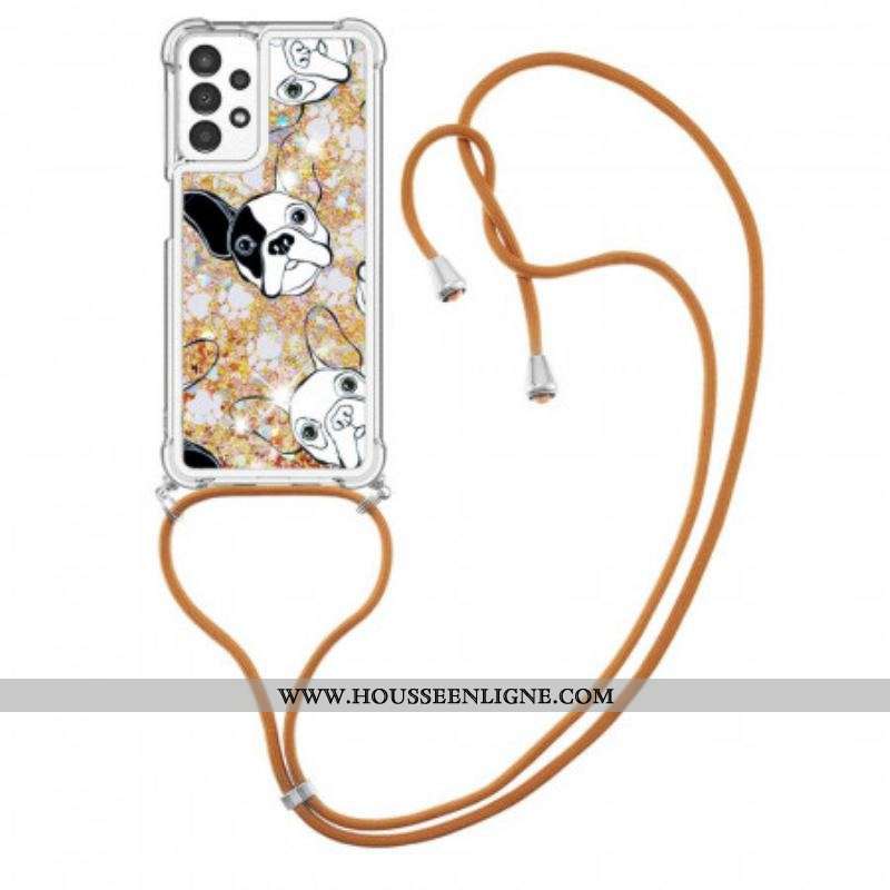 Coque Samsung Galaxy A13 à Cordon Paillettes Chiens