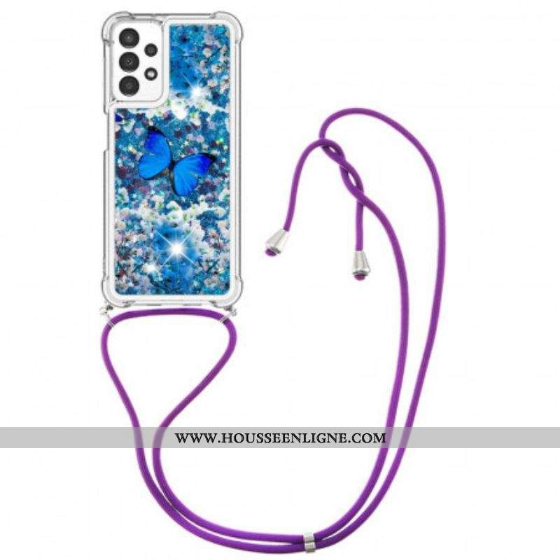 Coque Samsung Galaxy A13 à Cordon Paillettes Papillons